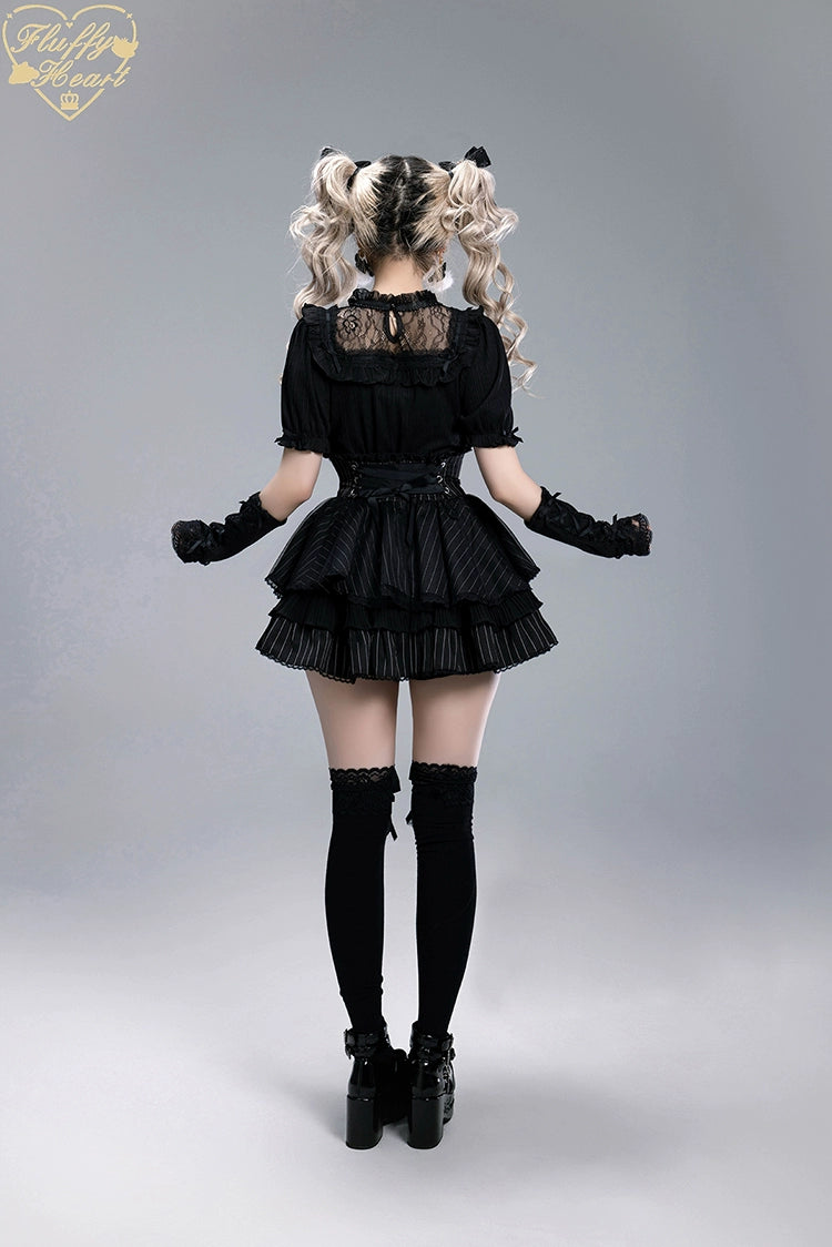Striped High Waist Jirai Kei Skirt, Detachable Bow 43679:785976