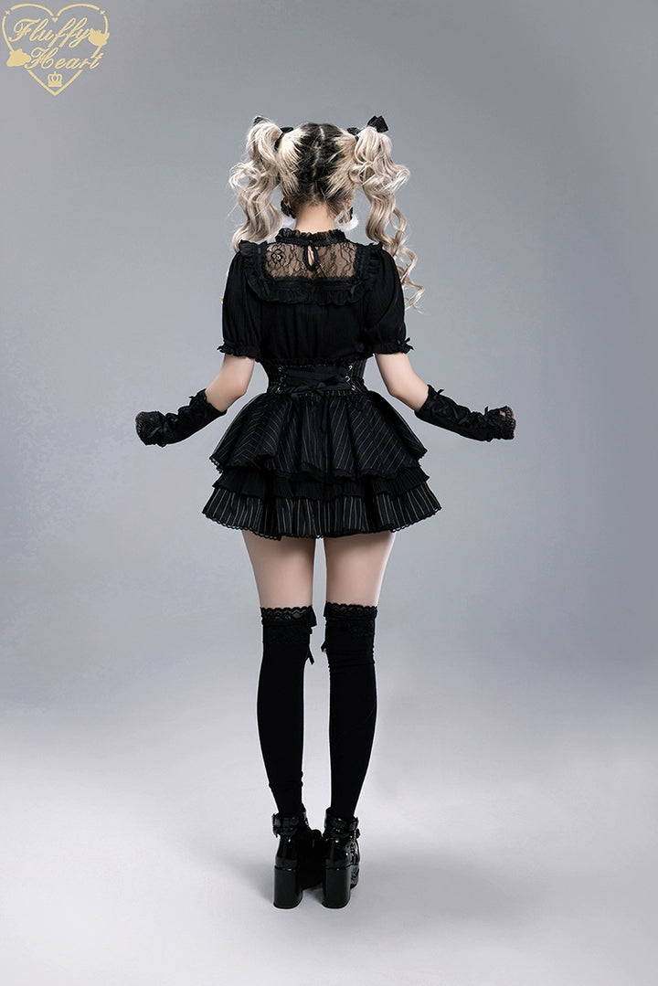 Striped High Waist Jirai Kei Skirt, Detachable Bow 43679:785976