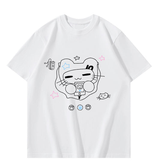 Kawaii T-shirt Cat Printed Cotton Top Versatile T-shirt (2XL 3XL L M S XL / White) 38102:579130