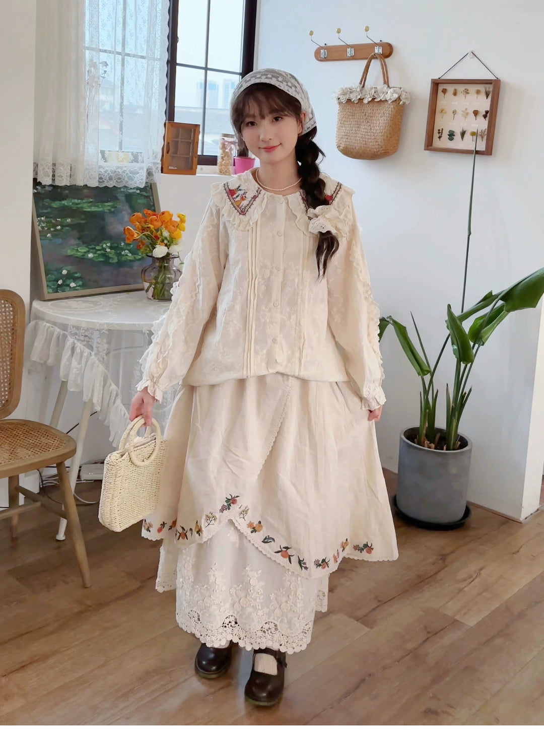 Mori Kei Skirt Sweet Retro Linen Embroidered Long Skirt 41802:714092