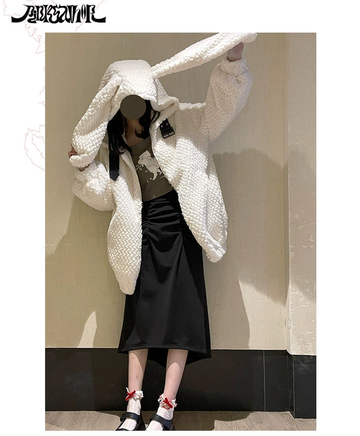 Kawaii Winter Coat Bunny Ears Fur Coat Skirt Set 40242:664248