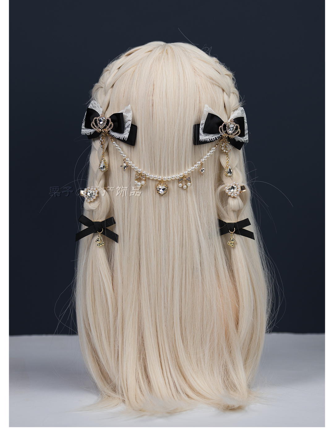 Jirai Kei Bow Hair Clips, Rhinestone Crown and Pearl Chain 44194:802743