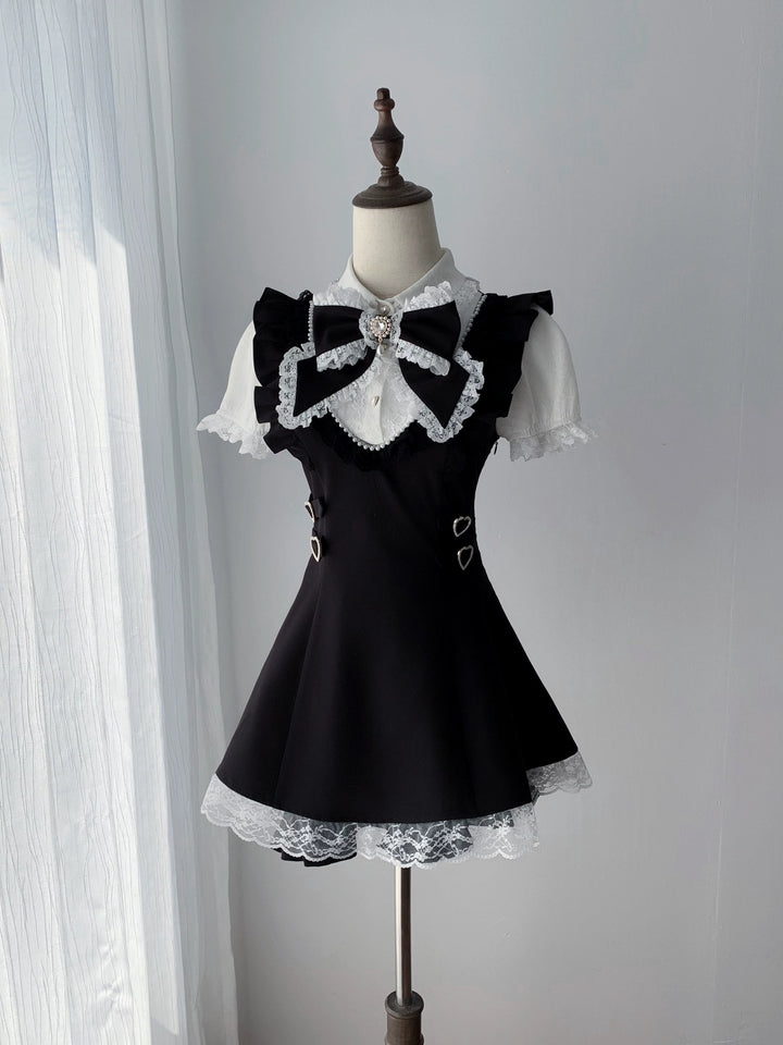 Black Jirai Kei Dress, Pearl Neckline and Lace Trim (L M S) 45557:855427