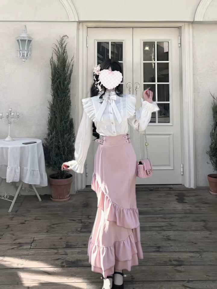 Elegant White Blouse and Pink Mermaid Skirt Set (2XL L M S XL) 44511:810977