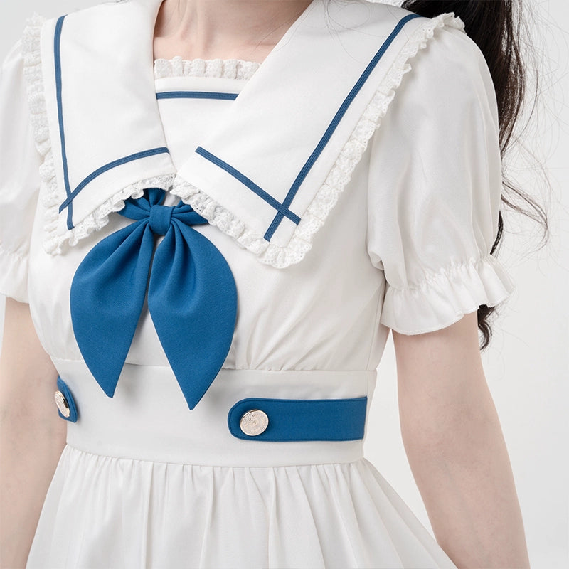 Preppy Dress Sailor Collar Dress White Short Sleeve Dress 36416:574318