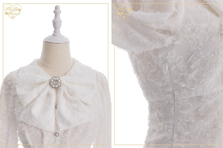 Jirai Kei Blouse White Pink Lace Chiffon Pearl Long Sleeve Shirt 33754:443486