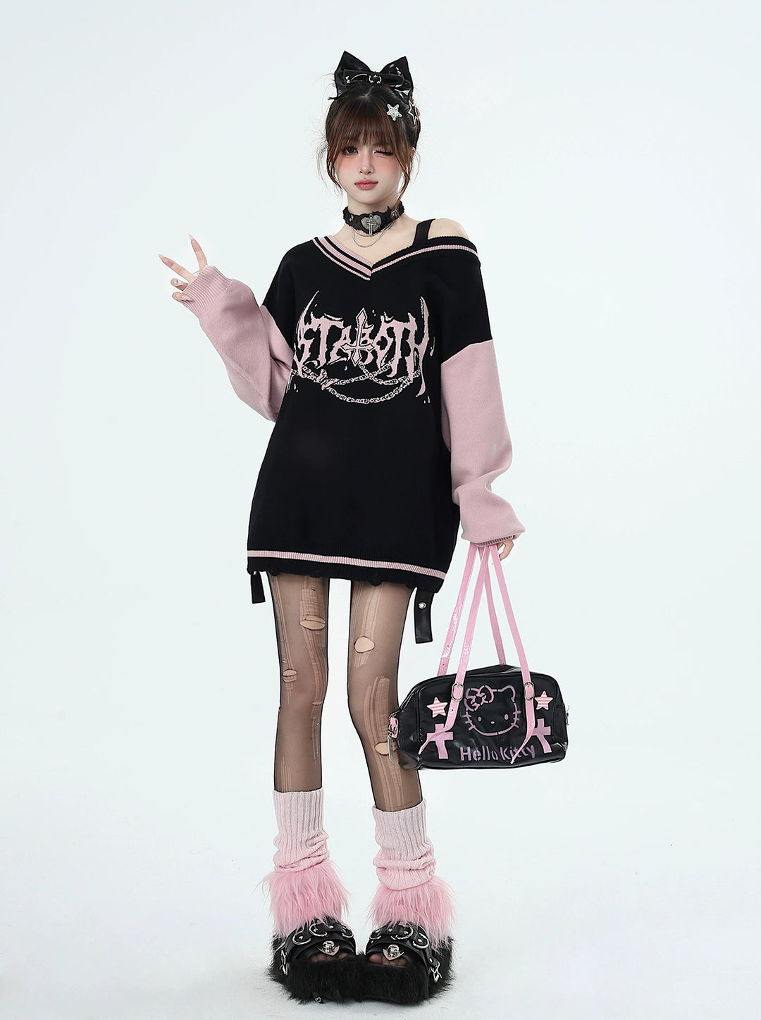 Y2K Sweater Gyaru V-neck Black-Pink Sweater For Winter 41790:713676