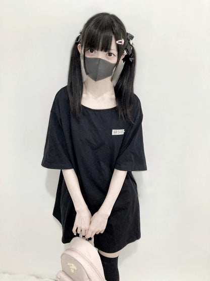 Jirai Kei Shirt Black Loose Embroidered Short-Sleeve T-Shirt 37662:576464