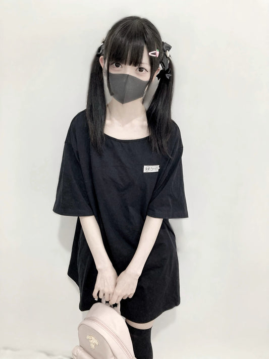 Jirai Kei Shirt Black Loose Embroidered Short-Sleeve T-Shirt (M / Black) 37662:576436
