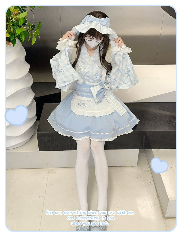 Kimono Lolita Plaid Princess Sleeve Shirt Kawaii Skirt Set 38964:606894