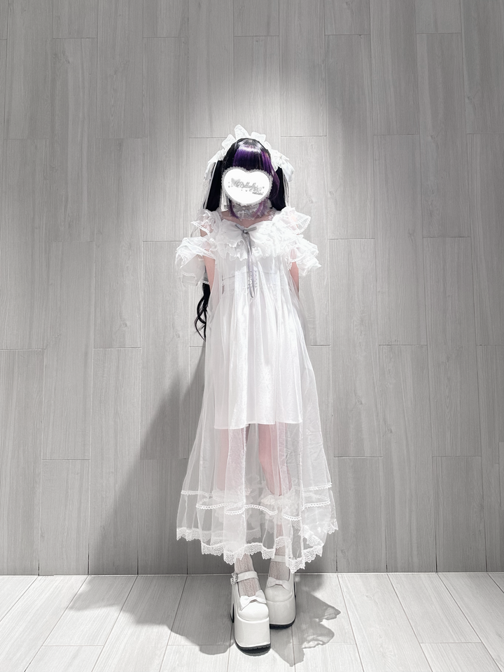Jirai Kei Open Shoulder Dress, Detachable Tulle Overlay 45341:846475