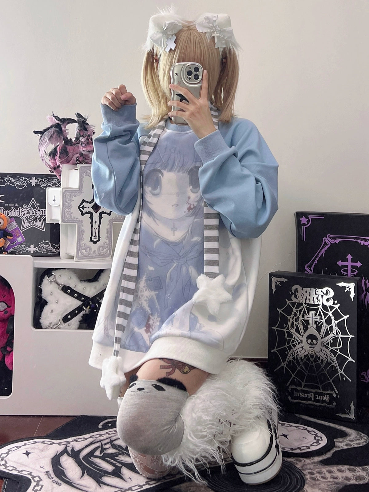 Jirai Kei Blue Sweatshirt Anime Girl Printed Sweatshirt 33326:430980