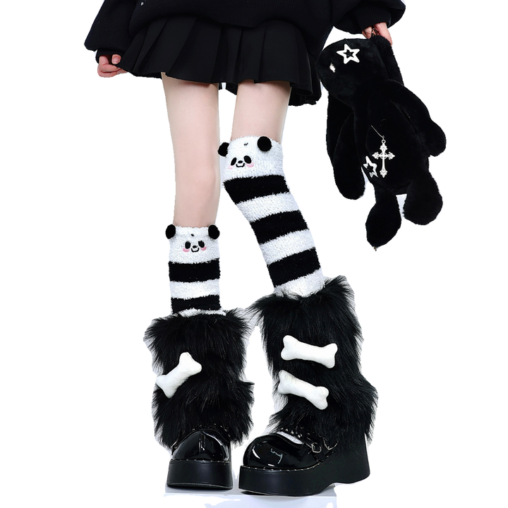 Y2K Socks Black Plush Leg Warmers Striped Knee Socks 39750:640766