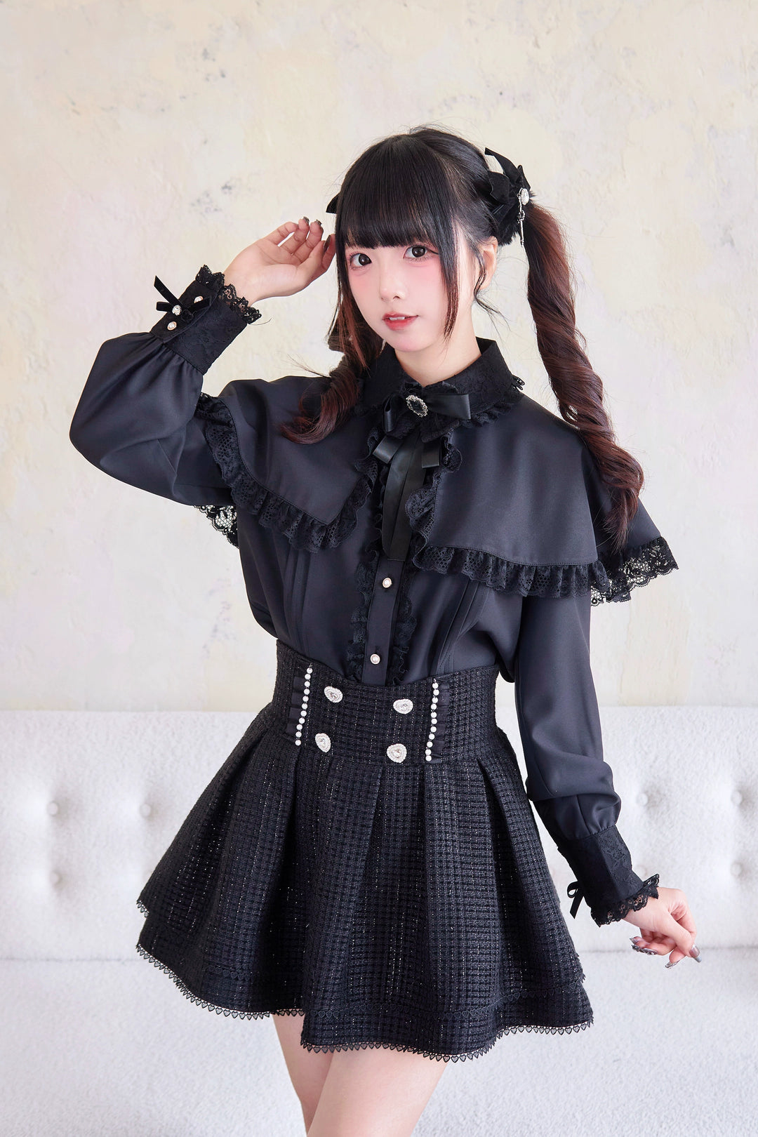 Jirai Kei Blouse Cape Style Blouse Lace Trim Shirt (Black / L M) 41438:703136