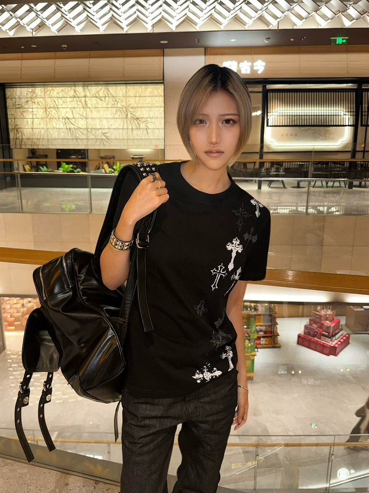 Cotton Subculture Cross Printed T-Shirt, Regular Shoulder 45696:859111