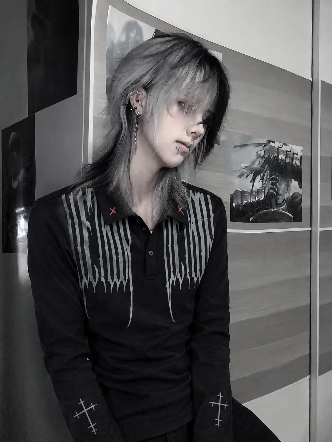 Unisex Gothic Polo Long Sleeve Tee, Red Cross 46068:875067