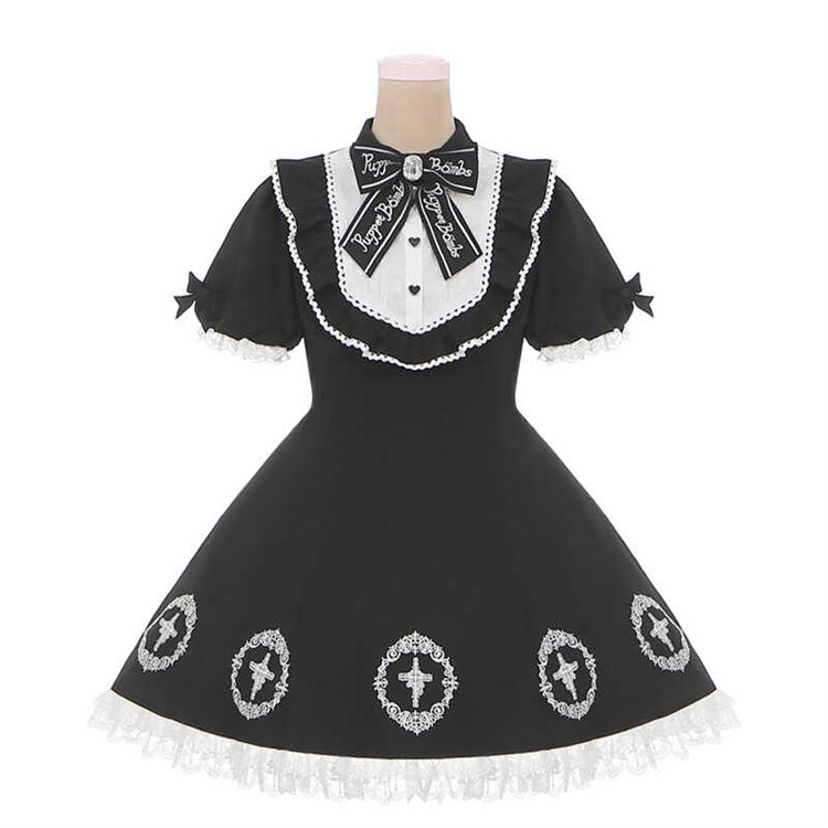 Black Jirai Kei Dress with Cross Embroidery and Big Bow Train (L M S) 42281:734777