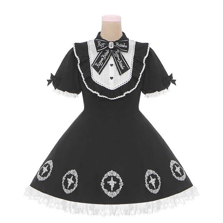 Black Jirai Kei Dress with Cross Embroidery and Big Bow Train (L M S) 42281:734777