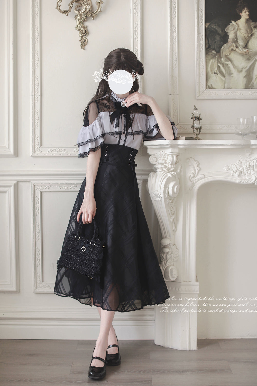 Black Long Jirai Kei Skirt With Elegant Purple Cape Blouse 43111:766071