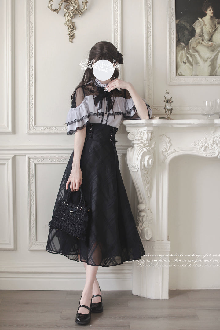 Black Long Jirai Kei Skirt With Elegant Purple Cape Blouse 43111:766071
