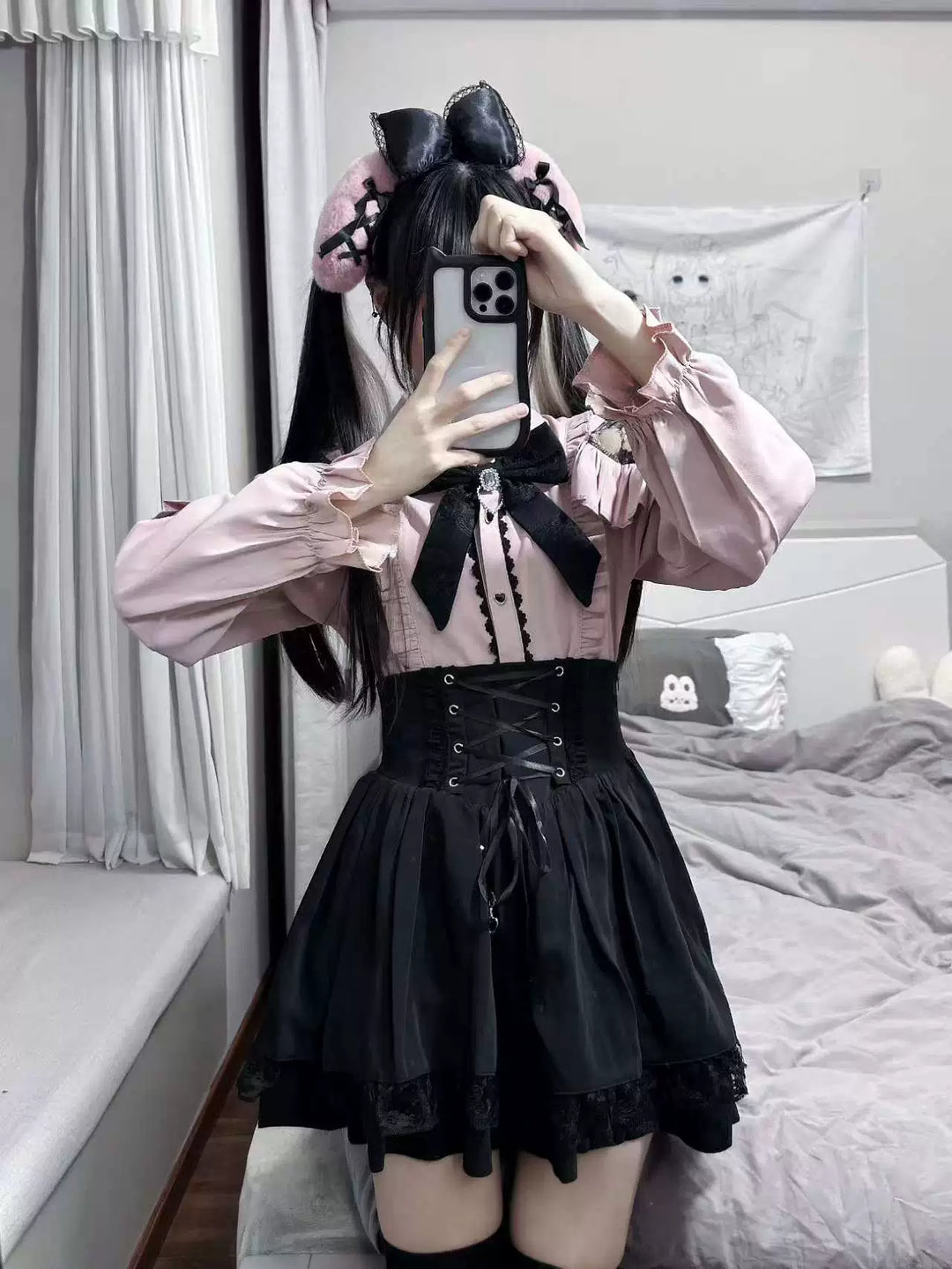 Jirai Kei Set Up, Lace Cut-out Shoulder Shirt 44891:827012