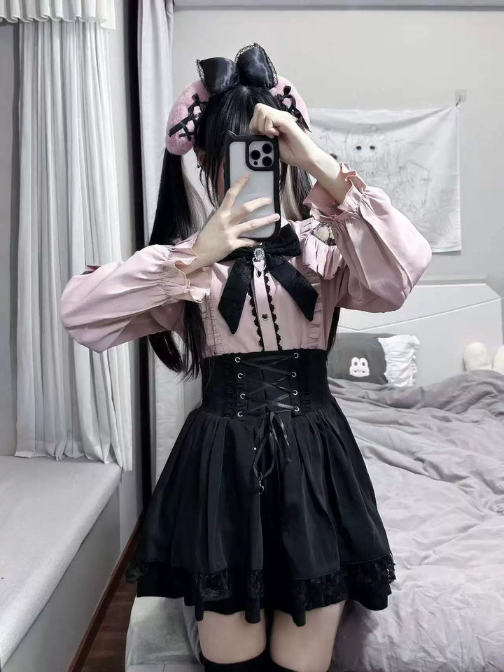 Jirai Kei Set Up, Lace Cut-out Shoulder Shirt 44891:827012