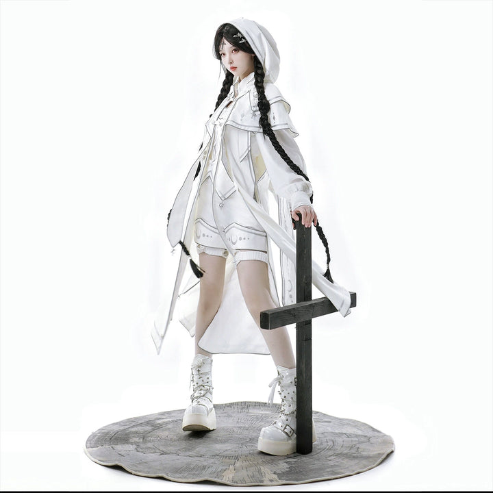 Cyberpunk Cloak Set White Hooded Cloak Top And Shorts 38820:602082