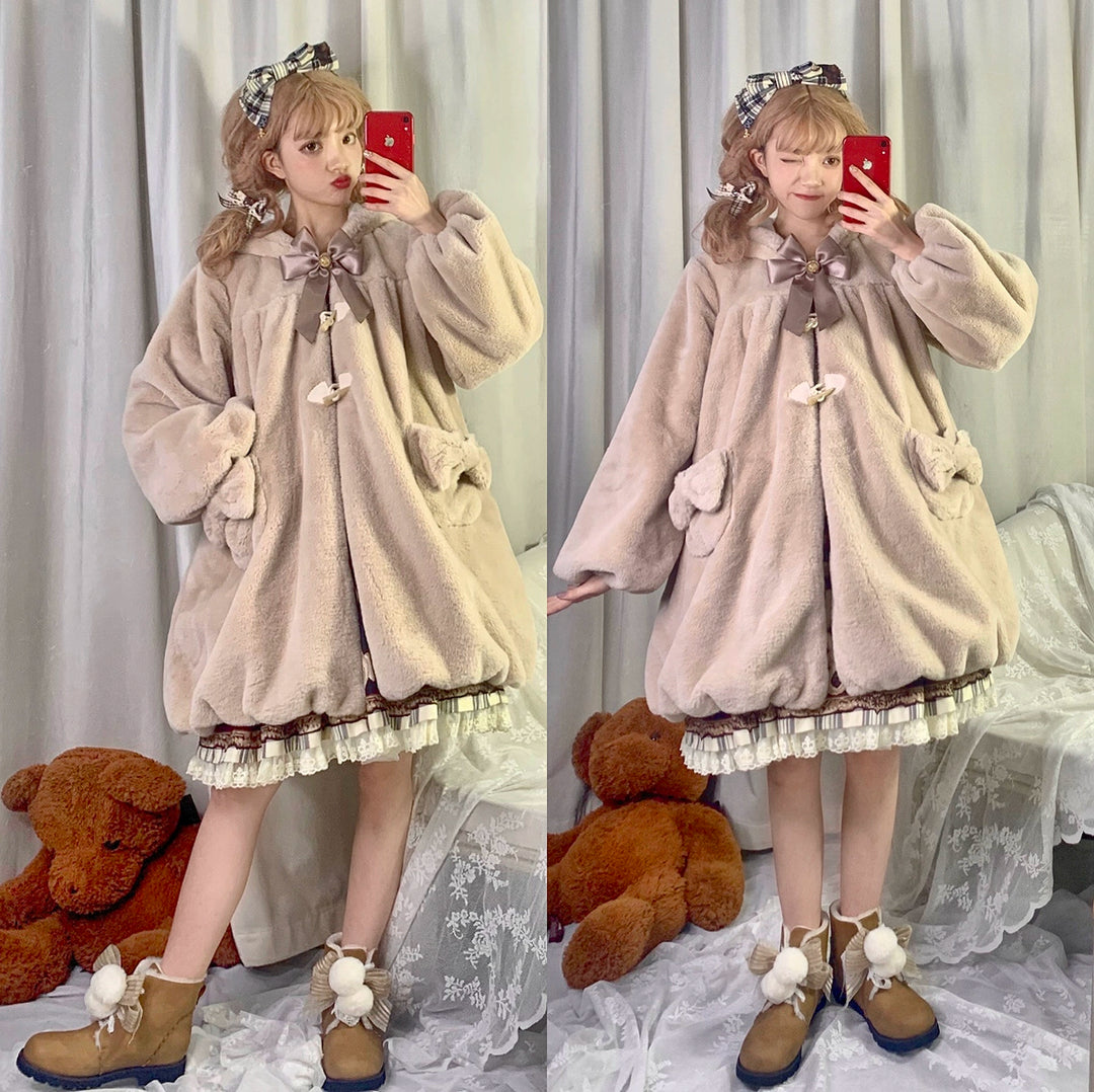 Kawaii Beige Winter Coat Bunny Fur Toggle Coat 22762:353502