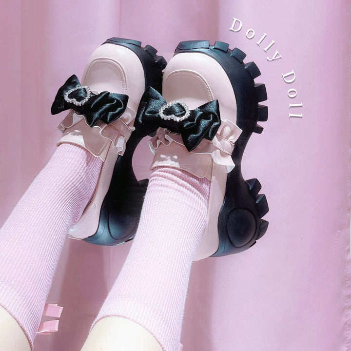 JK Uniform Pink Black Platform Shoes With Bow Ties 21892:332020 21892:332020