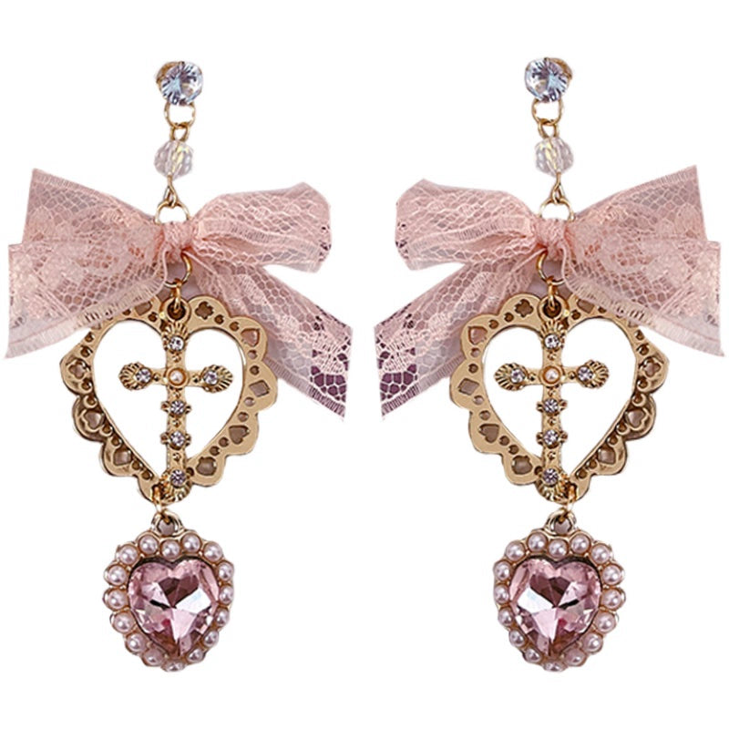 Jirai Kei Earrings Pink Black Lace Heart Cross Studs 35632:543620