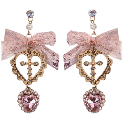 Jirai Kei Earrings Pink Black Lace Heart Cross Studs 35632:543620