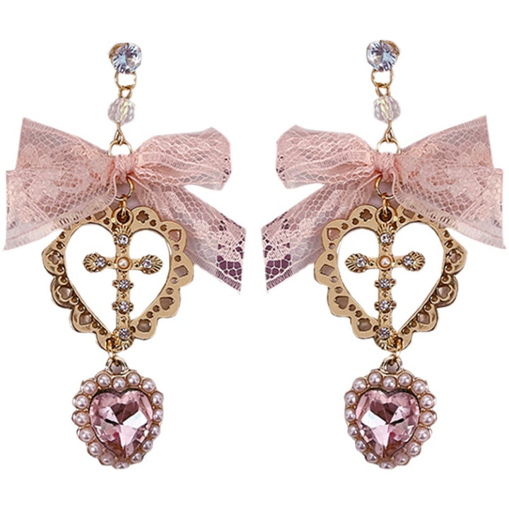 Jirai Kei Earrings Pink Black Lace Heart Cross Studs 35632:543620 35632:543620