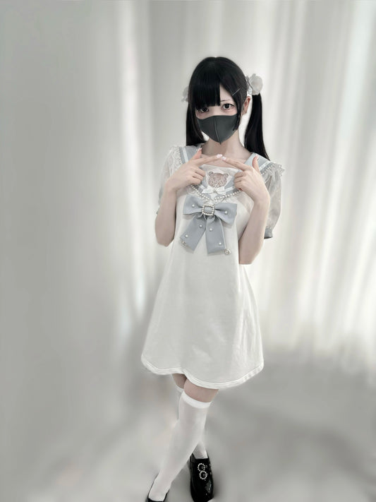 Jirai Kei Dress Pearl Embroidered Dress Short Sleeve Dress (M) 37648:568044