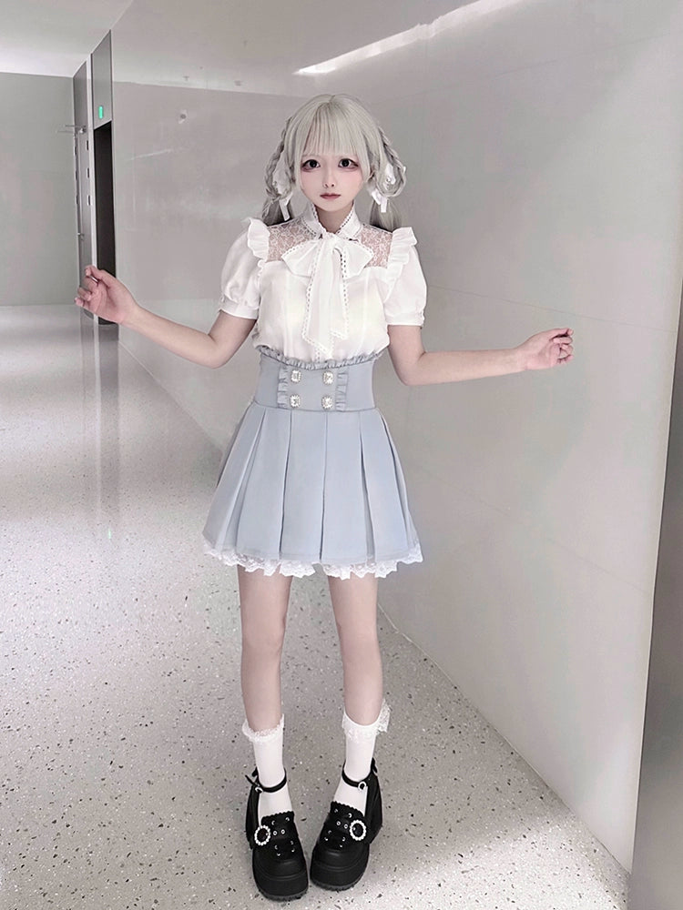 White Jirai Kei Blouse with Ribbon & Blue Pleated Skirt With Elastic Band 42979:760030