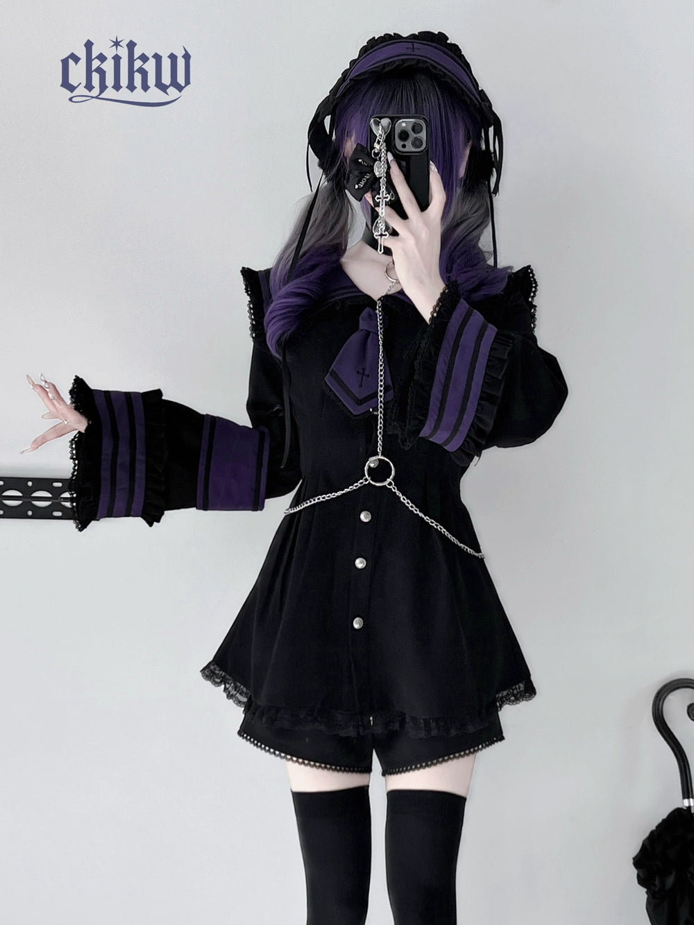 Sailor Collar Jirai Kei Dress Set, Detachable Armband (L M S XS) 43864:788473