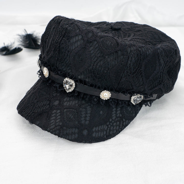 Jirai Kei Black Octagonal Hat with Rhinestone Lace 21572:311464