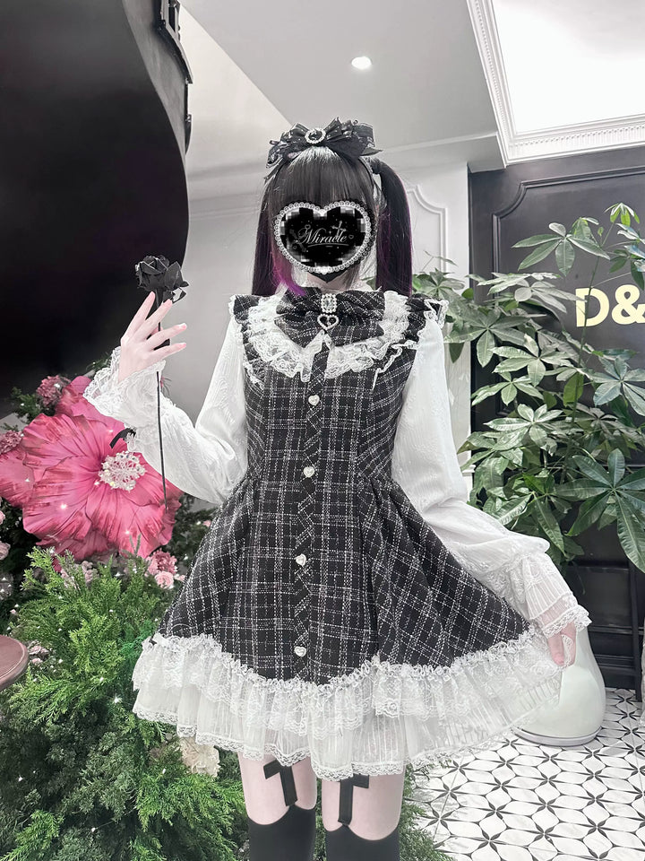 Jirai Kei Plaid Dress Set, Petal-Shaped Lace Hem 44765:825651