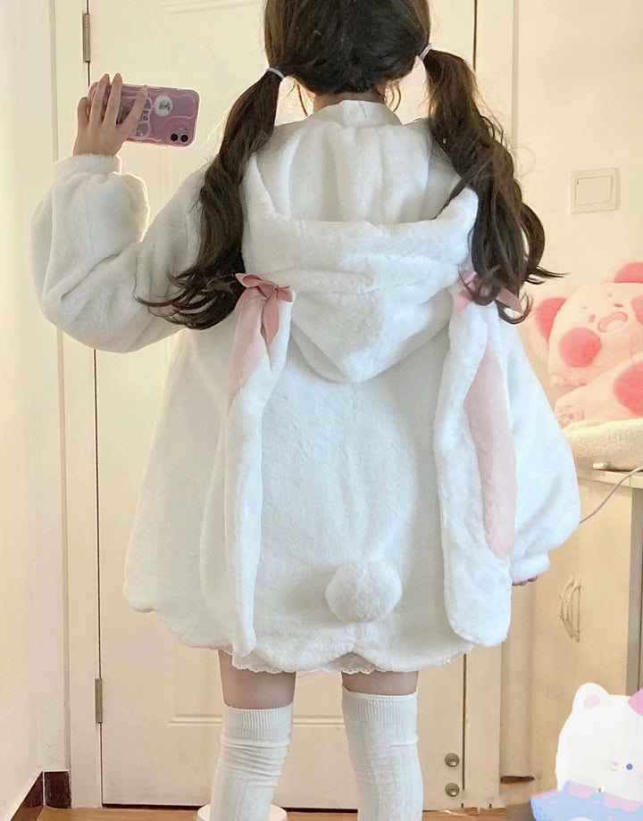 Sweet Lolita Coat White Plush Bunny Ear Winter Coat 40294:678402