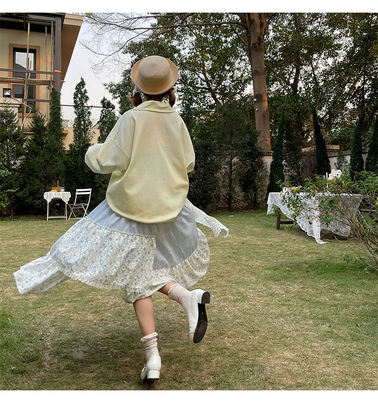 Mori Kei Skirt Patchwork Floral Skirt High Waist Cotton Skirt 36558:531150