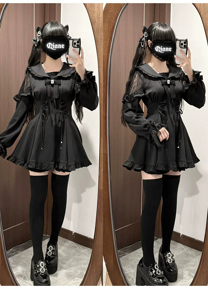 Jirai Kei Dress Set Black Sailor Collar Lace Dress Shorts 40076:649910