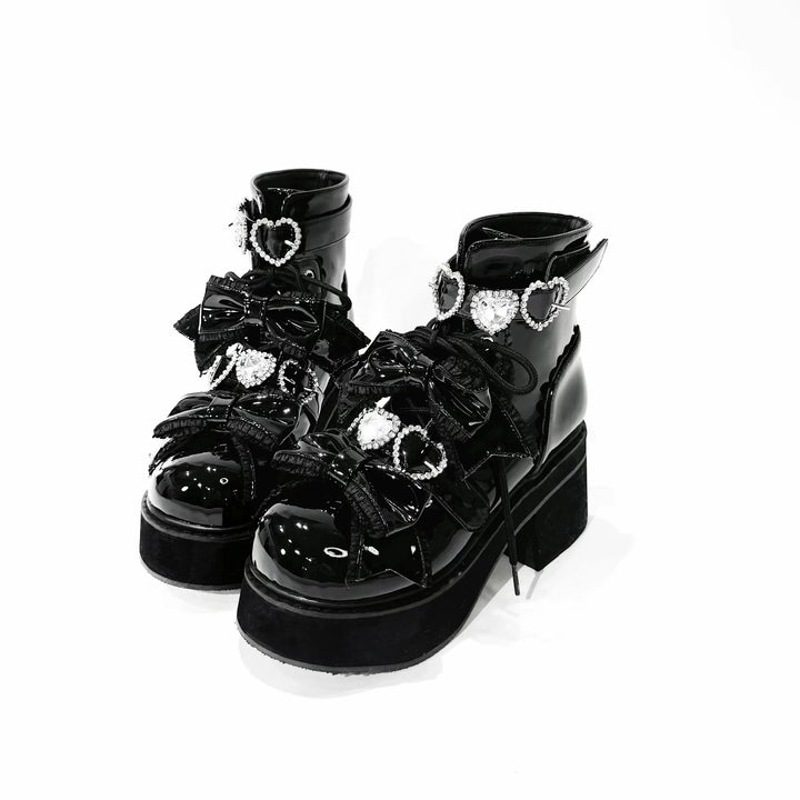 Jirai Kei Heeled Ankle Boots, Heart Rhinestone & Bows (35 36 37 38 39 40 41) 45865:873157
