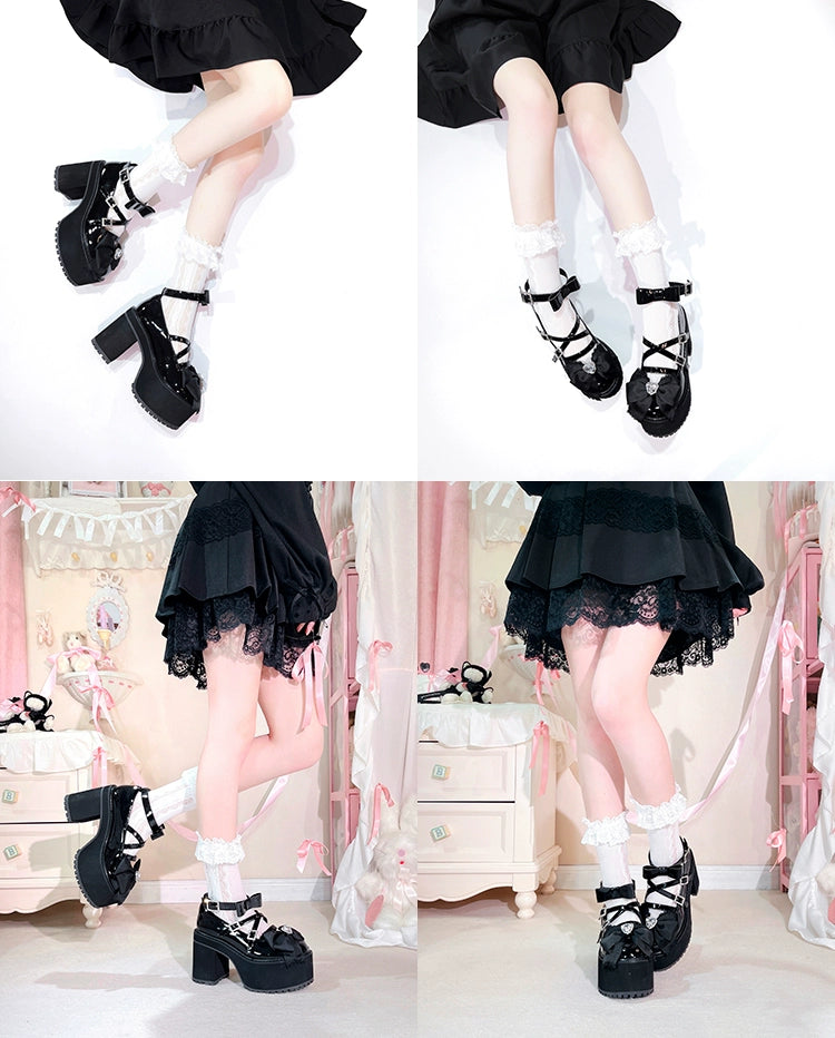 Jirai Kei Shoes Bow High-heeled Platform Ryousangata Shoes 38040:594226