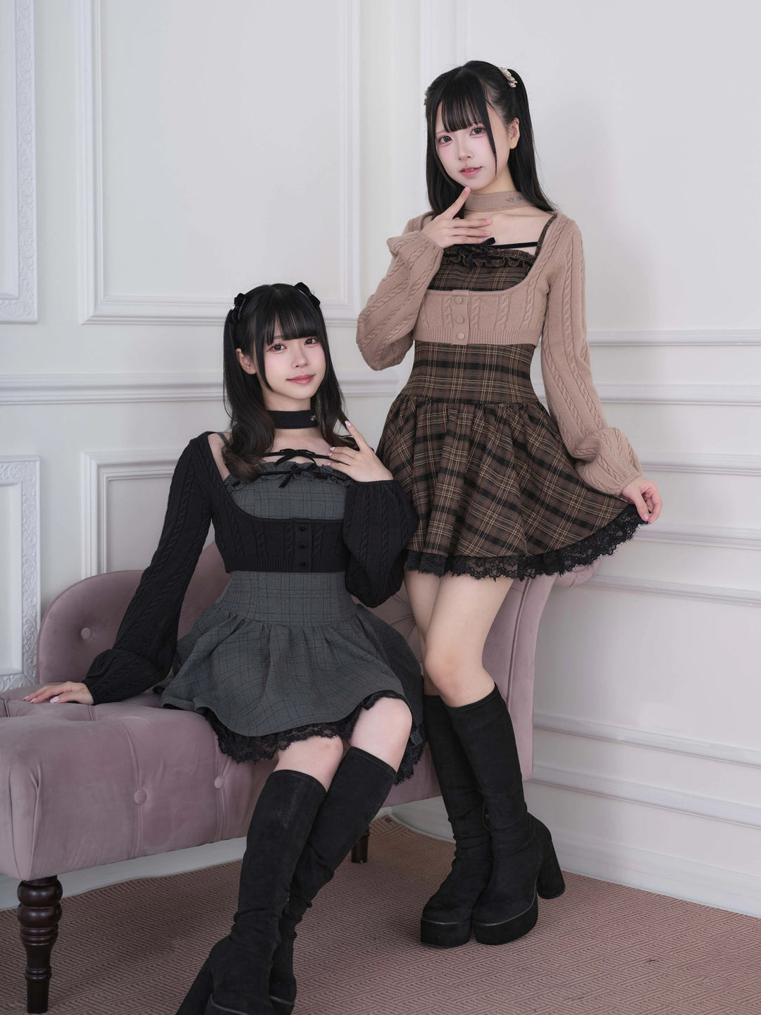 Ryousangata Plaid Dress & Knit Sweater Set, Choker-Neck 46032:873315