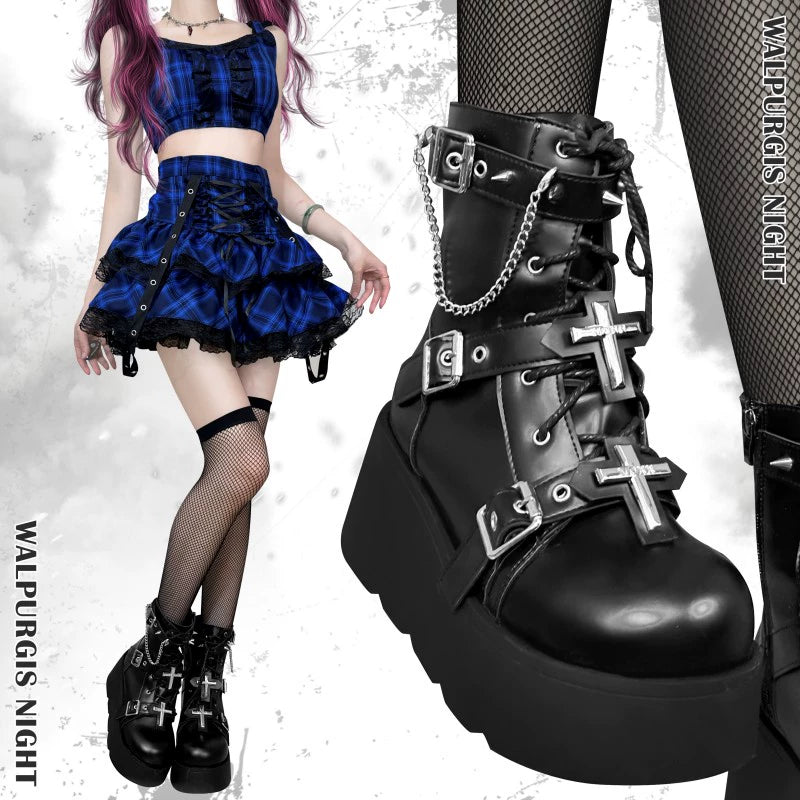 Punk Black Platform Shoes Cross And Rivet Martin Boots (34 35 36 37 38 39 40 41) 32082:447172 (34 35 36 37 38 39 40 41) 32082:447172