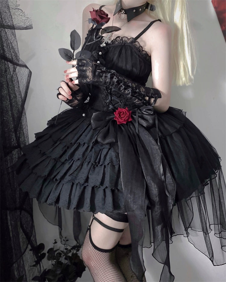 Gothic Lolita Dress Black White Corset Dress With Rose Bow Black-in stock / S Gothic Lolita Dress Black White Corset Dress With Rose Bow Black-in stock / S