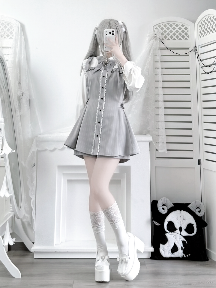Jirai Kei Striped Dress, Contrast-color Long Sleeve 45795:865643
