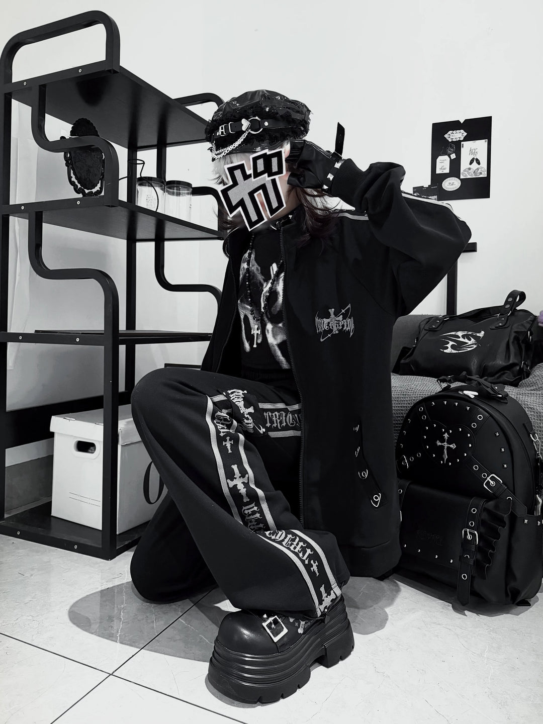 Gothic Skull Printed Jacket and Sport Pants Set 46060:873890