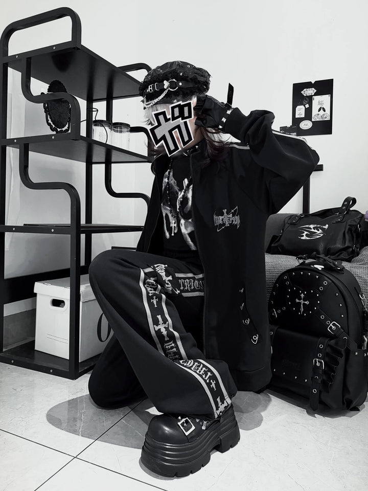 Gothic Skull Printed Jacket and Sport Pants Set 46060:873890