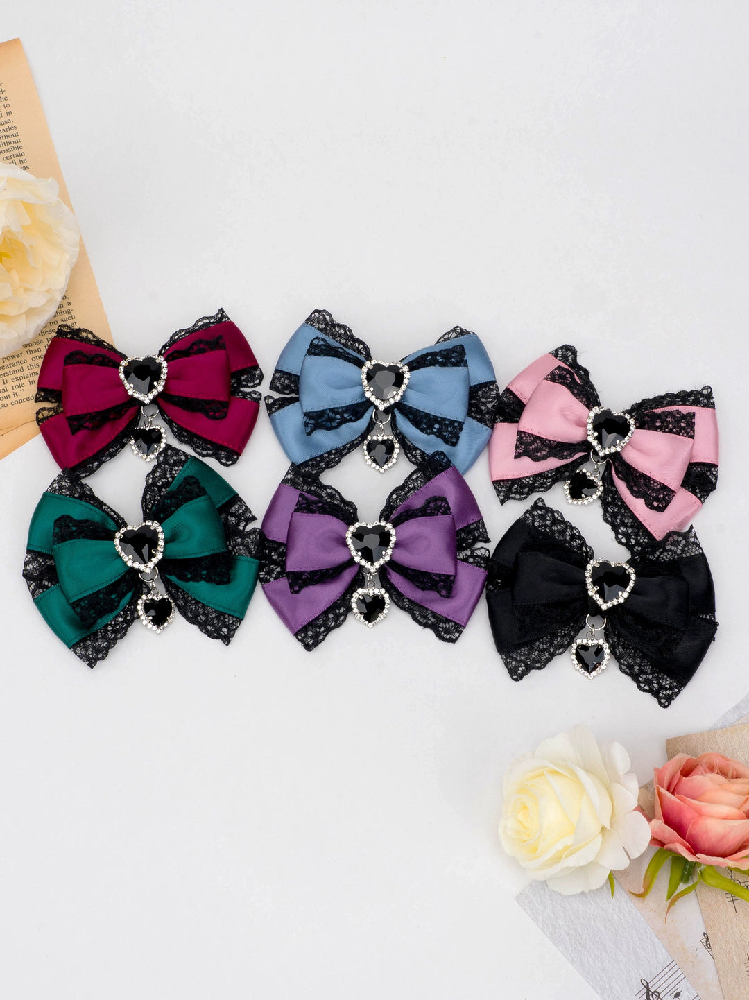 13-Color Jirai Kei Subculture Lace Rhinestone Bow Hair Clip 21590:310898 21590:310898