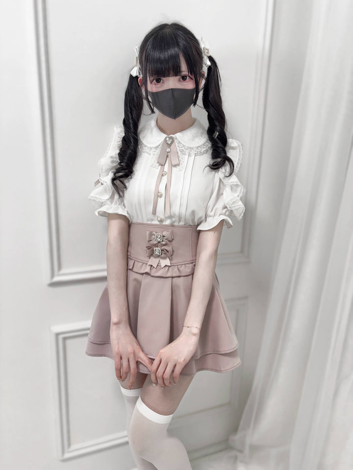 Ruffle Lace Ryousangata Blouse with Pearl Buttons And Ribbon 43103:765834